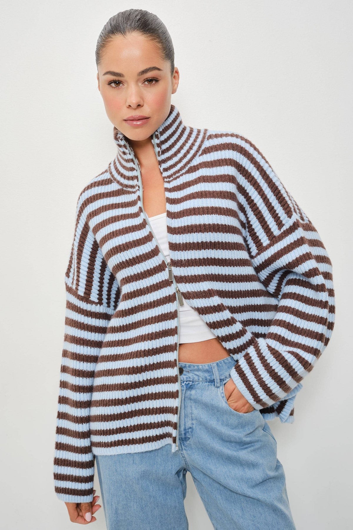 Striped Mocked Neck Zip Up