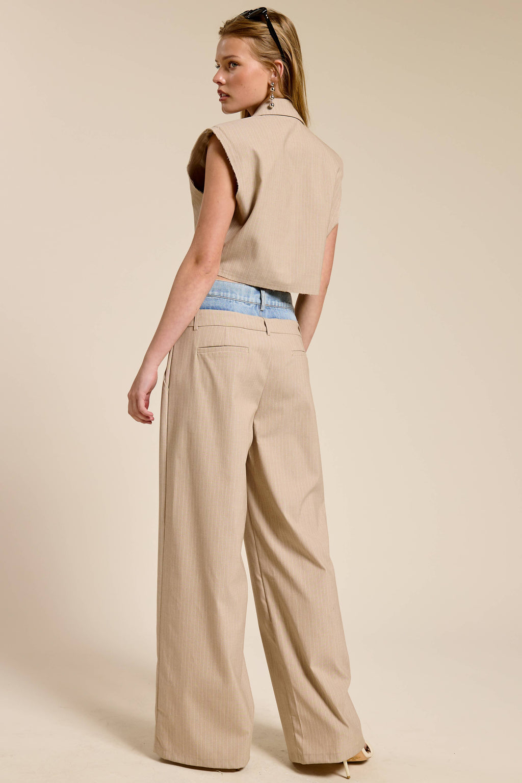 Denim Waistband Contrast Stripe Wide Leg Trousers