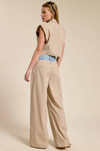 Denim Waistband Contrast Stripe Wide Leg Trousers